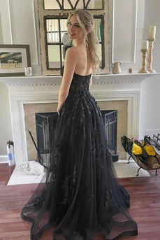 Black Corset A-Line Tulle Long Prom Dress with Lace