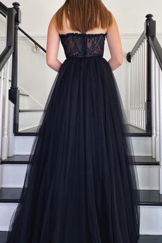 Black A-Line Corset Long Prom Dress with Slit