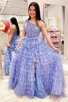 Load image into Gallery viewer, Queendancer Women Black Tulle Long Corset Prom Dress with Slit Tiered A-Line One Shoulder Backless Formal Dress with Ruffles