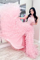 Load image into Gallery viewer, Queendancer Women Black Tulle Long Corset Prom Dress with Slit Tiered A-Line One Shoulder Backless Formal Dress with Ruffles