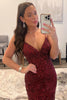Load image into Gallery viewer, Sheath Spaghetti Straps Dark Red Sequins Long Prom Dress with Split Front