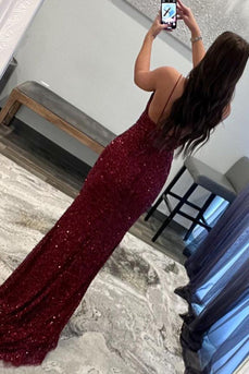 Sheath Spaghetti Straps Dark Red Sequins Long Prom Dress with Split Front