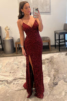 Load image into Gallery viewer, Sheath Spaghetti Straps Dark Red Sequins Long Prom Dress with Split Front