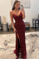 Load image into Gallery viewer, Sheath Spaghetti Straps Dark Red Sequins Long Prom Dress with Split Front