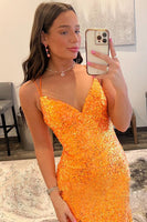 Load image into Gallery viewer, Sheath Spaghetti Straps Orange Sequins Long Prom Dress with Split Front