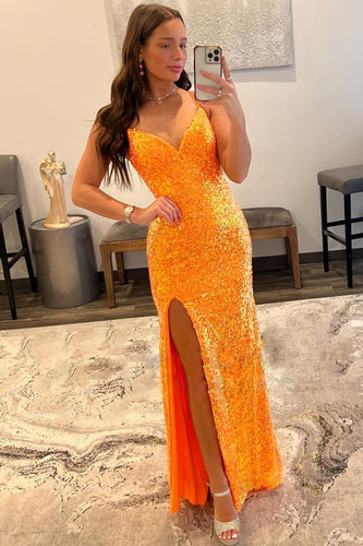 Sheath Spaghetti Straps Orange Sequins Long Prom Dress with Split Front