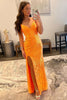 Load image into Gallery viewer, Sheath Spaghetti Straps Orange Sequins Long Prom Dress with Split Front