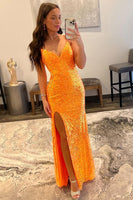 Load image into Gallery viewer, Sheath Spaghetti Straps Orange Sequins Long Prom Dress with Split Front