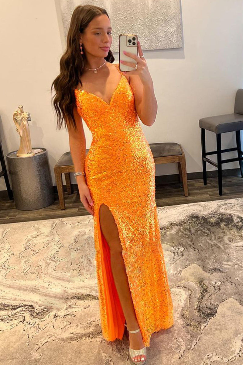 Load image into Gallery viewer, Sheath Spaghetti Straps Orange Sequins Long Prom Dress with Split Front