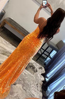 Load image into Gallery viewer, Sheath Spaghetti Straps Orange Sequins Long Prom Dress with Split Front