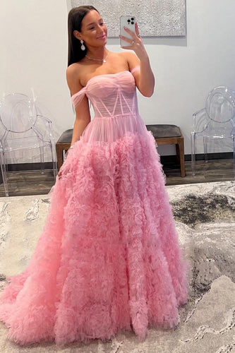 Princess A Line Off the Shoulder Pink Corset Prom Dress with Ruffles