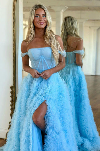 Princess A Line Off the Shoulder Pink Corset Prom Dress with Ruffles