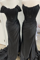 Load image into Gallery viewer, Sparkly Dark Green Corset Detachable Neck Mermaid Long Prom Dress with Slit