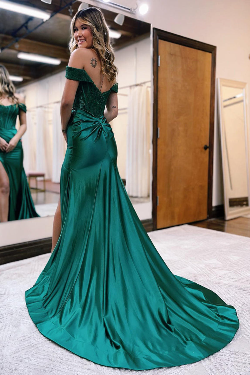 Load image into Gallery viewer, Sparkly Dark Green Corset Detachable Neck Mermaid Long Prom Dress with Slit
