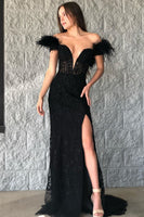 Load image into Gallery viewer, Black Mermaid Lace Long Prom Dress with Feathers