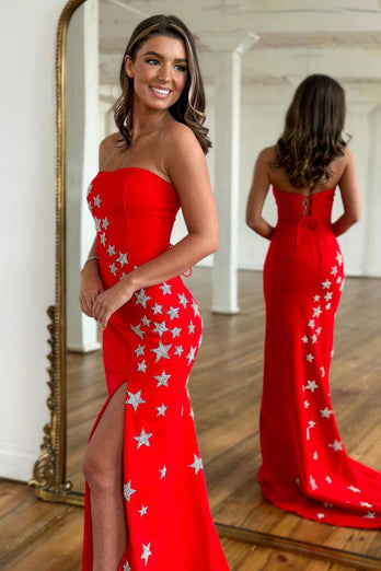 Red Strapless Mermaid Long Prom Dress with Stars