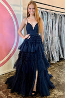 Load image into Gallery viewer, Red Tulle Spaghetti Straps Long Prom Dress