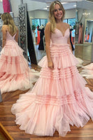 Load image into Gallery viewer, Beige Tulle Tiered Spaghetti Straps Long Prom Dress with Slit