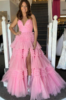 Load image into Gallery viewer, Beige Tulle Tiered Spaghetti Straps Long Prom Dress with Slit