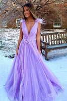 Load image into Gallery viewer, Light Pink V-Neck Tulle Long Prom Dress with Open Back