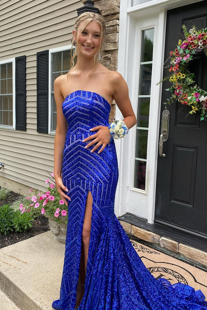 Load image into Gallery viewer, Sky Blue Sequins Strapless Long Prom Dress