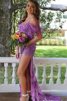 Load image into Gallery viewer, Sheath Off the Shoulder Blue Sequins Long Prom Dress with Feathers