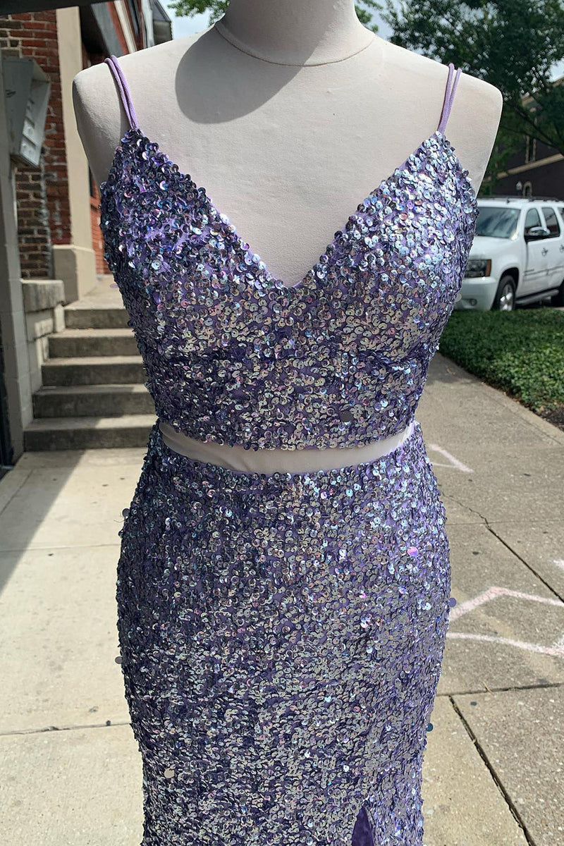 Load image into Gallery viewer, Two Piece Orange Sequins Mermaid Prom Dress with Slit