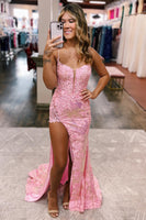 Load image into Gallery viewer, Red Spaghetti Straps Appliques Prom Dress with Slit