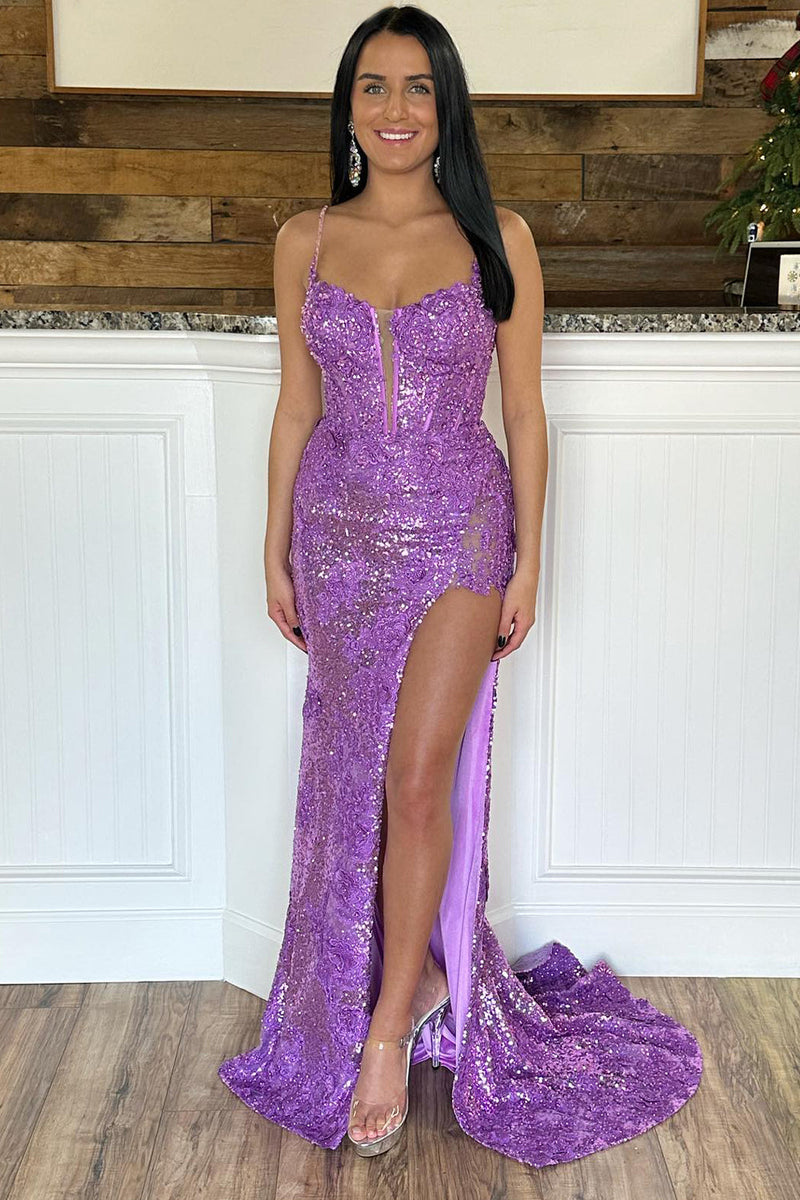 Load image into Gallery viewer, Red Spaghetti Straps Appliques Prom Dress with Slit
