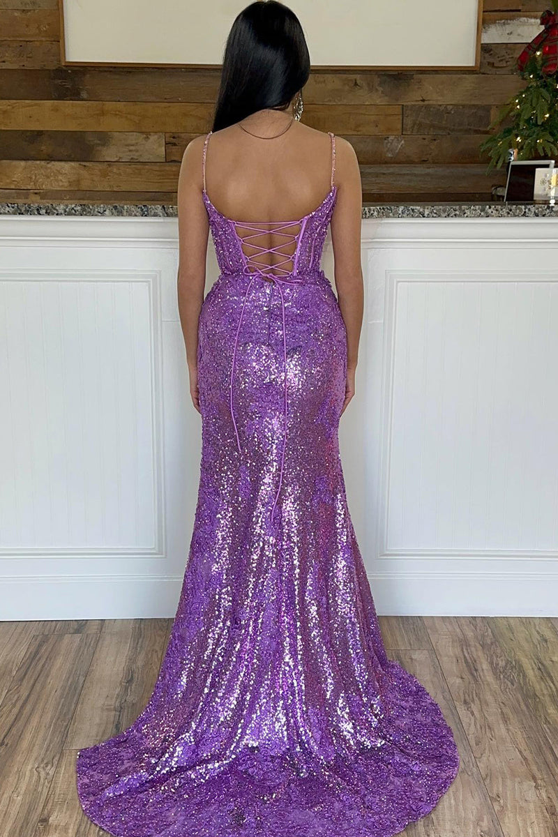 Load image into Gallery viewer, Red Spaghetti Straps Appliques Prom Dress with Slit