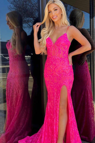 Hot Pink Spaghetti Straps Mermaid Prom Dress