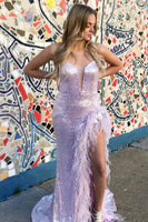 Load image into Gallery viewer, Sheath Sweetheart Light Blue Sequins Long Prom Dress with Feather