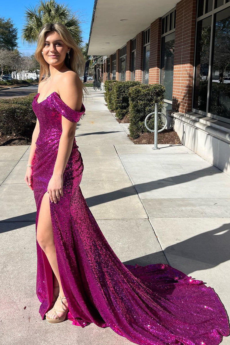 Load image into Gallery viewer, Dark Green Off Shoulder Mermaid Prom Dress with Slit