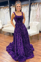 Load image into Gallery viewer, A Line Square Neck Light Blue Sequins Long Prom Dress