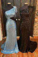 Load image into Gallery viewer, Mermaid One Shoulder Cut Out Black Sequins Long Prom Dress