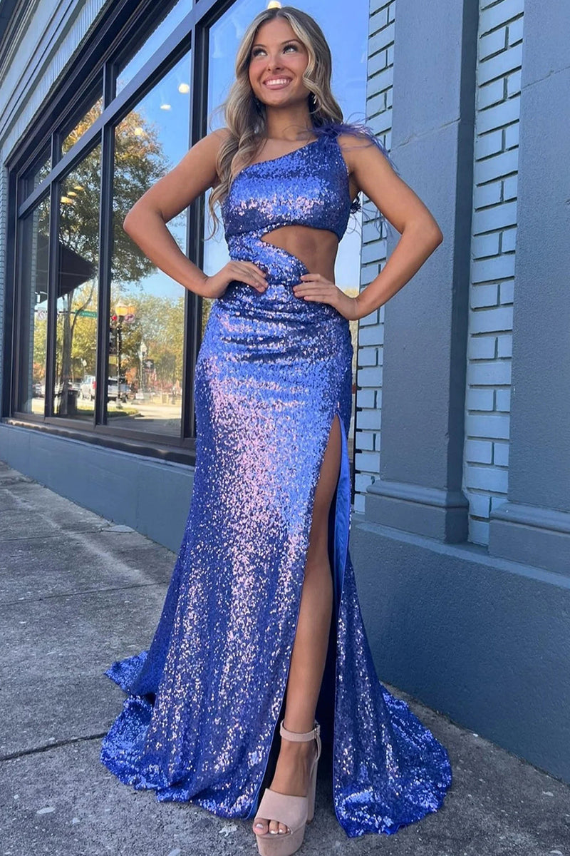 Load image into Gallery viewer, Mermaid One Shoulder Cut Out Black Sequins Long Prom Dress