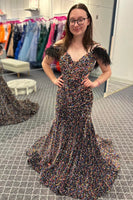 Load image into Gallery viewer, Mermaid Off the Shoulder Purple Sequins Cut Out Prom Dress with Feathers