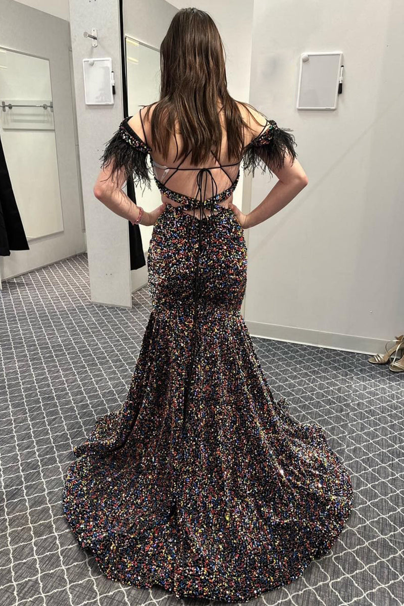 Load image into Gallery viewer, Mermaid Off the Shoulder Purple Sequins Cut Out Prom Dress with Feathers