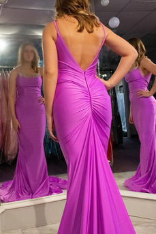 Fuchsia Spaghetti Straps Satin Backless Mermaid Prom Dress
