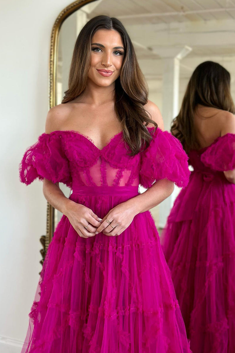 Load image into Gallery viewer, A Line Off the Shoulder Pink Tulle Corset Prom Dress with Bowknot