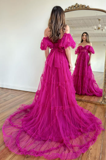 A Line Off the Shoulder Pink Tulle Corset Prom Dress with Bowknot
