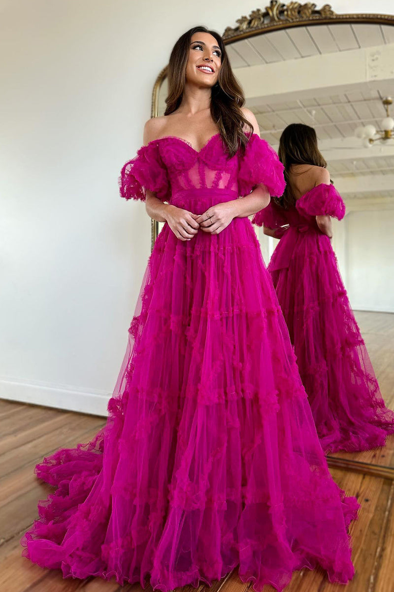 Load image into Gallery viewer, A Line Off the Shoulder Pink Tulle Corset Prom Dress with Bowknot