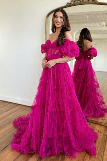 A Line Off the Shoulder Pink Tulle Corset Prom Dress with Bowknot