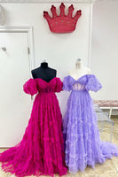 Load image into Gallery viewer, Fuchsia A Line Off the Shoulder Tulle Corset Prom Dress with Bowknot