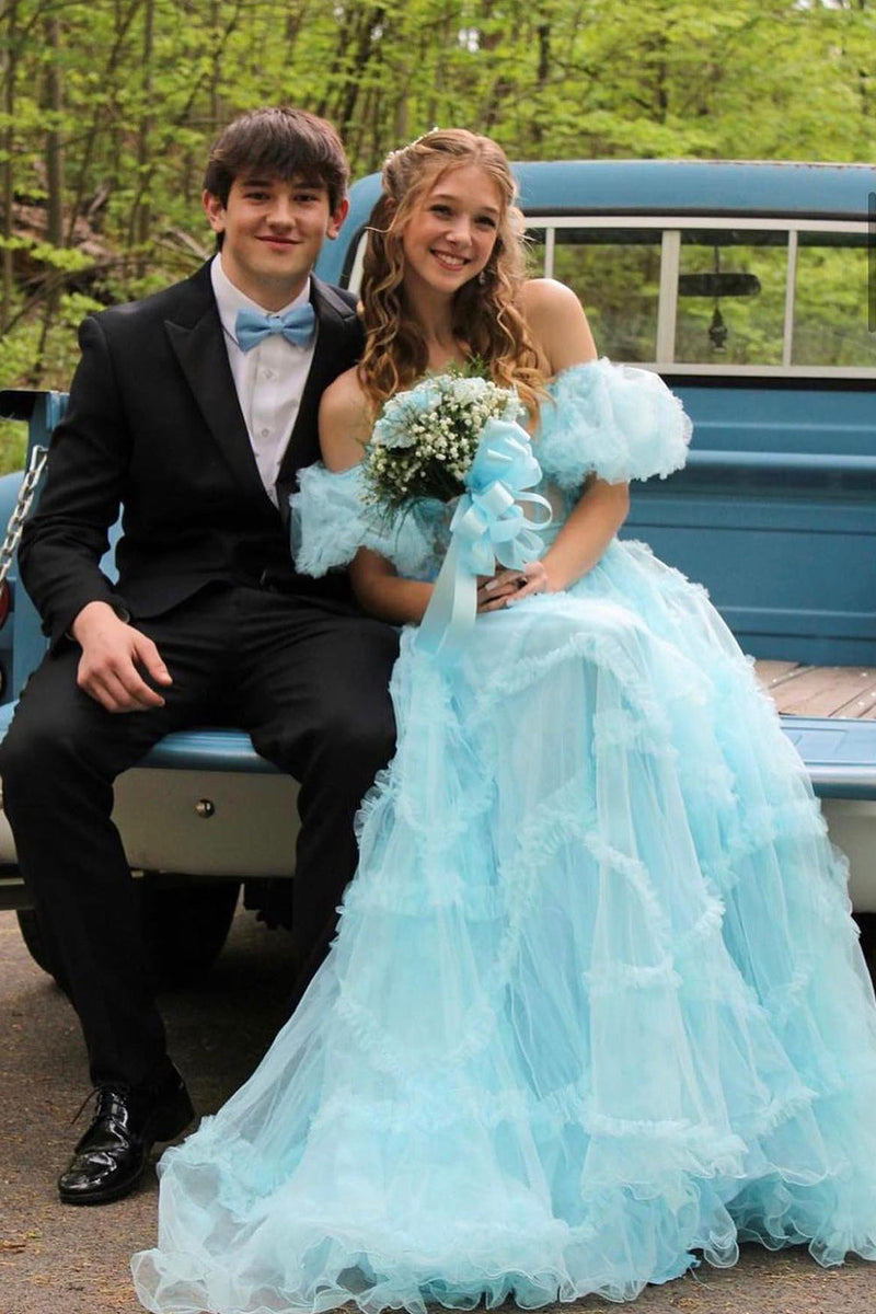 Load image into Gallery viewer, Fuchsia A Line Off the Shoulder Tulle Corset Prom Dress with Bowknot
