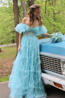 Load image into Gallery viewer, A Line Off the Shoulder Light Blue Tulle Corset Prom Dress with Bowknot