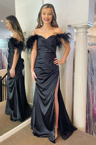 Plus Size Mermaid Black Long Prom Dress with Feathers