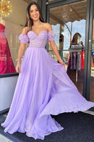 Load image into Gallery viewer, Lilac Corset A-Line Sweetheart Long Chiffon Prom Dress with Slit