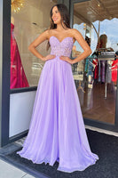 Load image into Gallery viewer, Lilac Corset A-Line Sweetheart Long Chiffon Prom Dress with Slit