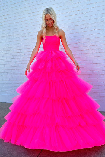 Hot Pink A-Line Tiered Tulle Long Prom Dress